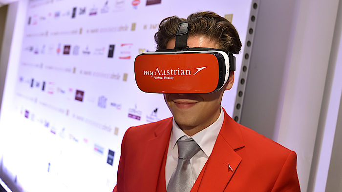 Mit der Virtual Reality Brille konnte die Business Class der Austrian Airlines begutachtet werden