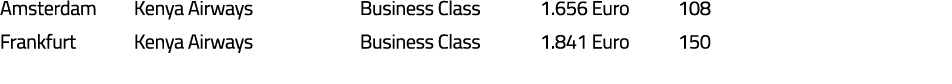 Amsterdam Kenya Airways Business Class 1 656 Euro 108 Frankfurt Kenya Airways Business Class 1 841 Euro 150 