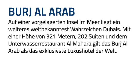 Burj Al Arab Auf einer vorgelagerten Insel im Meer liegt ein weiteres weltbekanntest Wahrzeichen Dubais  Mit einer Hö   