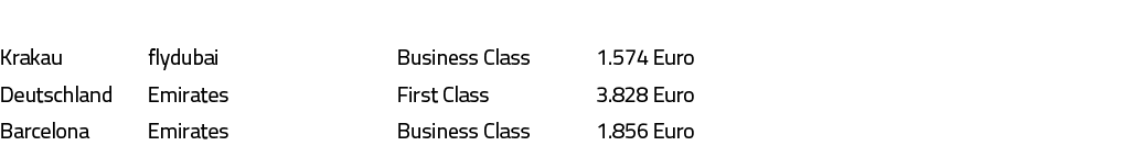   Krakau flydubai Business Class 1 574 Euro Deutschland Emirates First Class 3 828 Euro Barcelona Emirates Business C   