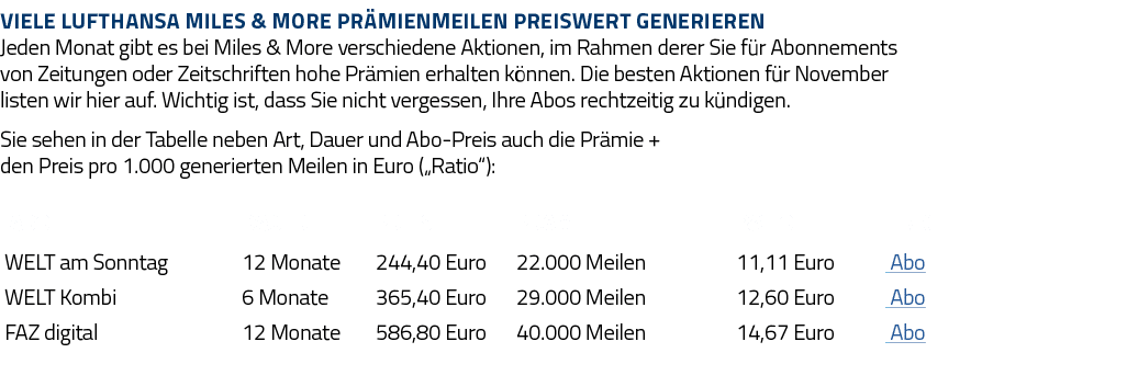 Viele Lufthansa Miles & More Prämienmeilen preiswert generieren Jeden Monat gibt es bei Miles & More verschiedene Akt   