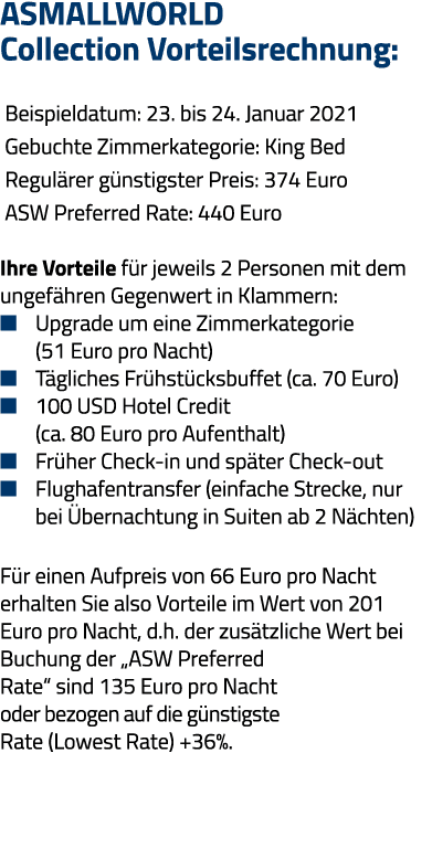ASMALLWORLD Collection Vorteilsrechnung:  Beispieldatum: 23  bis 24  Januar 2021  Gebuchte Zimmerkategorie: King Bed    