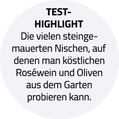 Test-Highlight Die vielen steingemauerten Nischen, auf denen man köstlichen Roséwein und Oliven aus dem Garten probie   