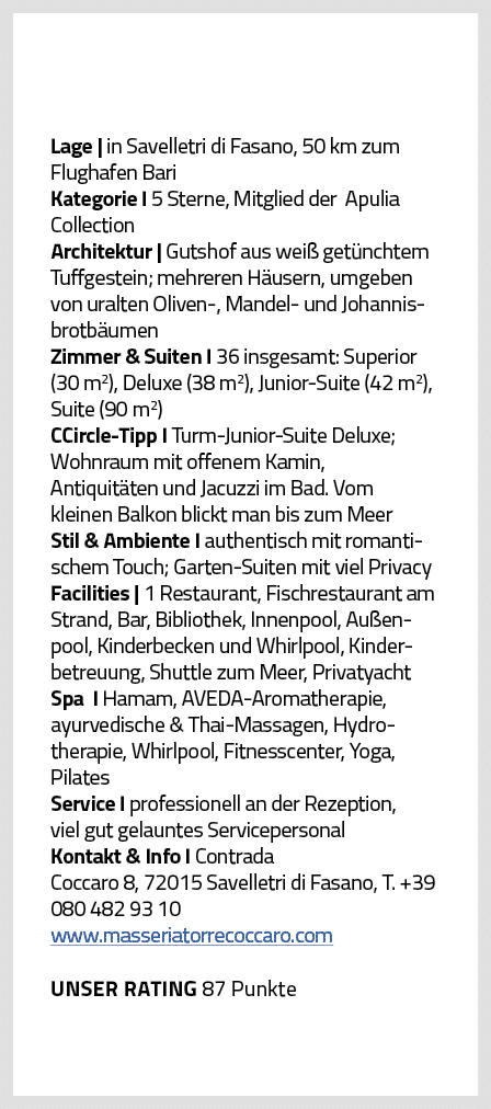Lage   in Savelletri di Fasano, 50 km zum Flughafen Bari Kategorie I 5 Sterne, Mitglied der Apulia Collection Archite   