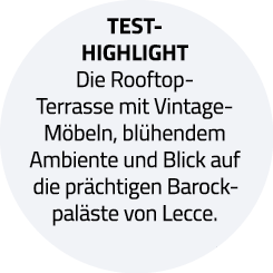 Test-Highlight Die Rooftop- Terrasse mit Vintage-Möbeln, blühendem Ambiente und Blick auf die prächtigen Barockpaläst   