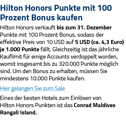 Hilton Honors Punkte mit 100 Prozent Bonus kaufen Hilton Honors verkauft bis zum 31  Dezember Punkte mit 100 Prozent    