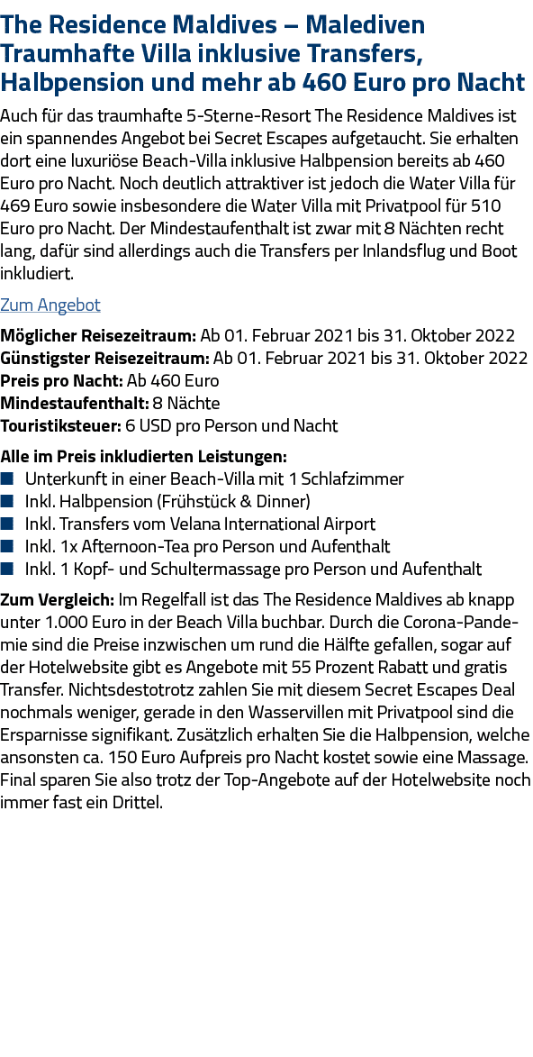 The Residence Maldives   Malediven Traumhafte Villa inklusive Transfers, Halbpension und mehr ab 460 Euro pro Nacht A   