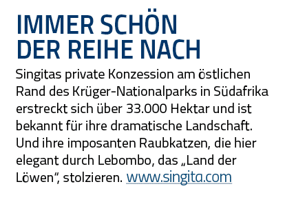 IMMER SCHÖN DER REIHE NACH Singitas private Konzession am östlichen Rand des Krüger-Nationalparks in Südafrika erstre   