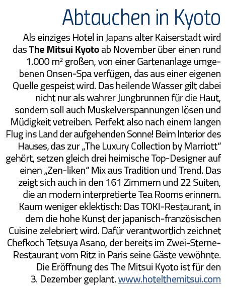 Abtauchen in Kyoto Als einziges Hotel in Japans alter Kaiserstadt wird das The Mitsui Kyoto ab November über einen ru   